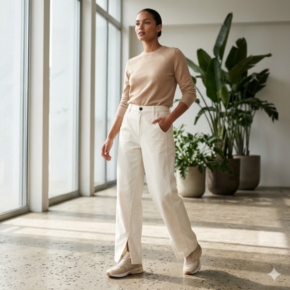 Zara Pants - Zara Womens Off White High Waist Wide Leg Pants with Front Slits Size 6 US 38 EU